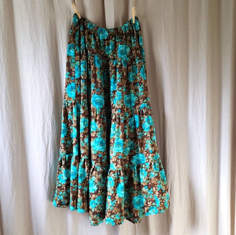 Handmade brown and teal floral full skirt